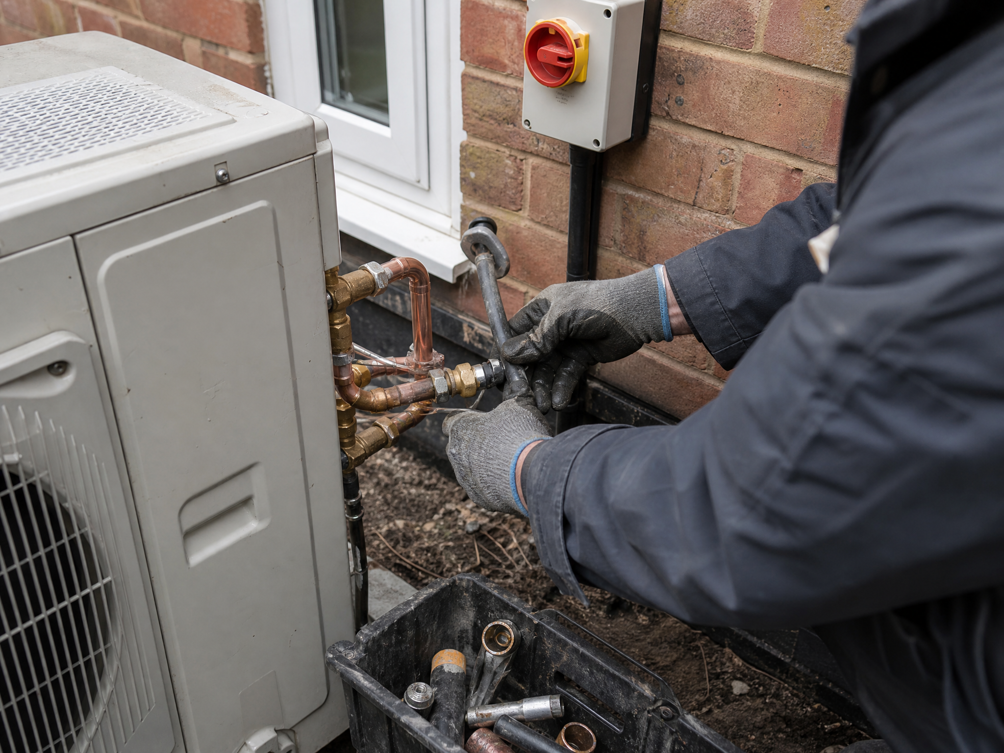 Professional installer carrying out air source heat pump installation in a UK residential property