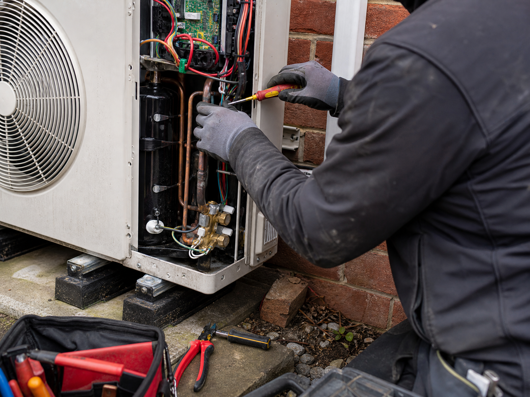 Professional installer carrying out heat pump repairs in a UK residential property
