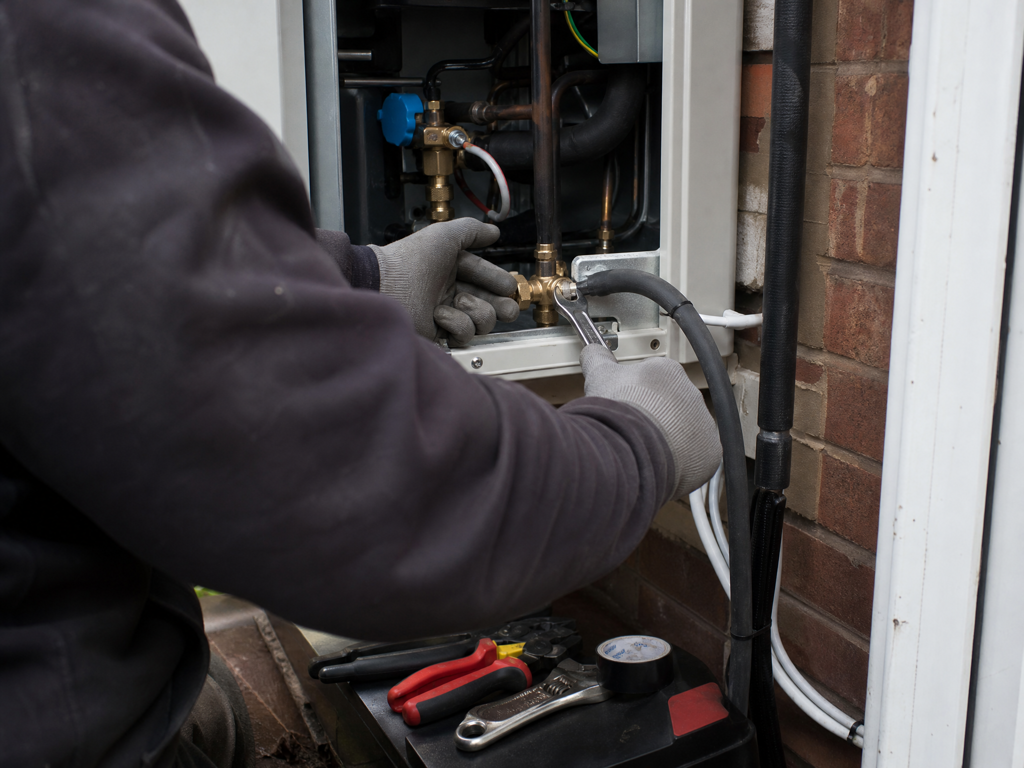Professional installer carrying out heat pump replacement in a UK residential property