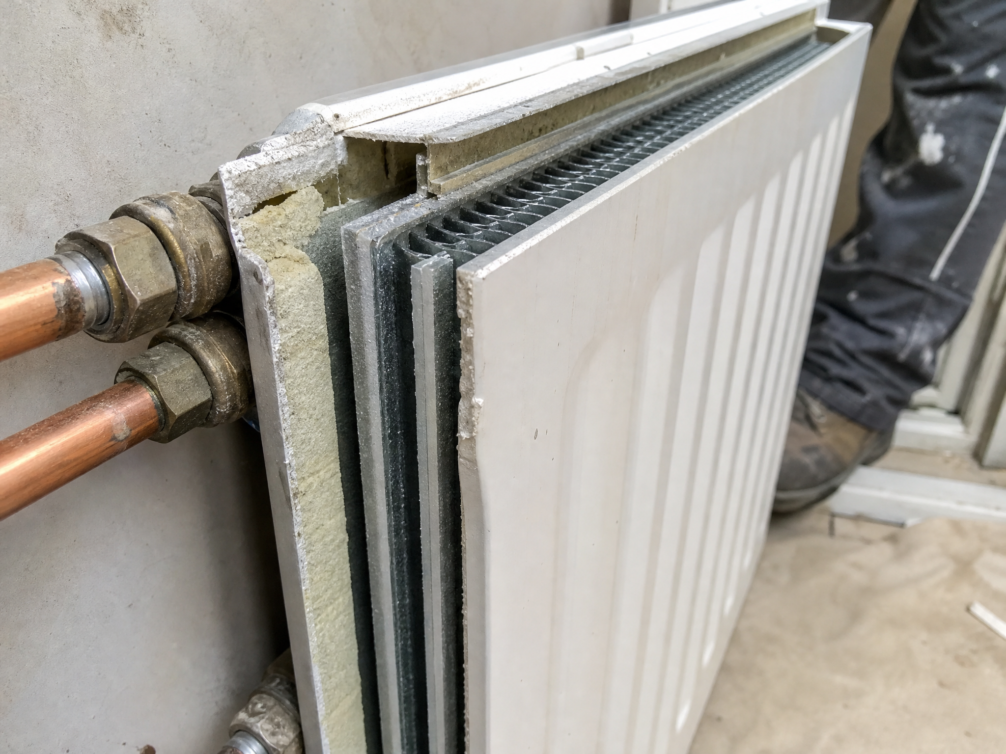 Close-up detail of materials and technique used in radiator upgrades for heat pumps — showing quality