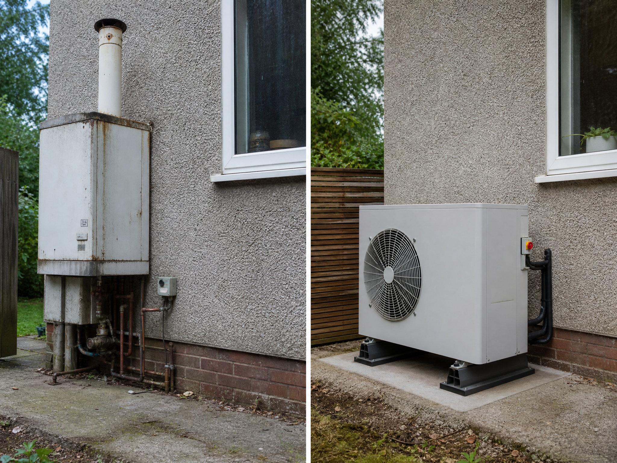 Before and after comparison showing the results of professional air source heat pump installation