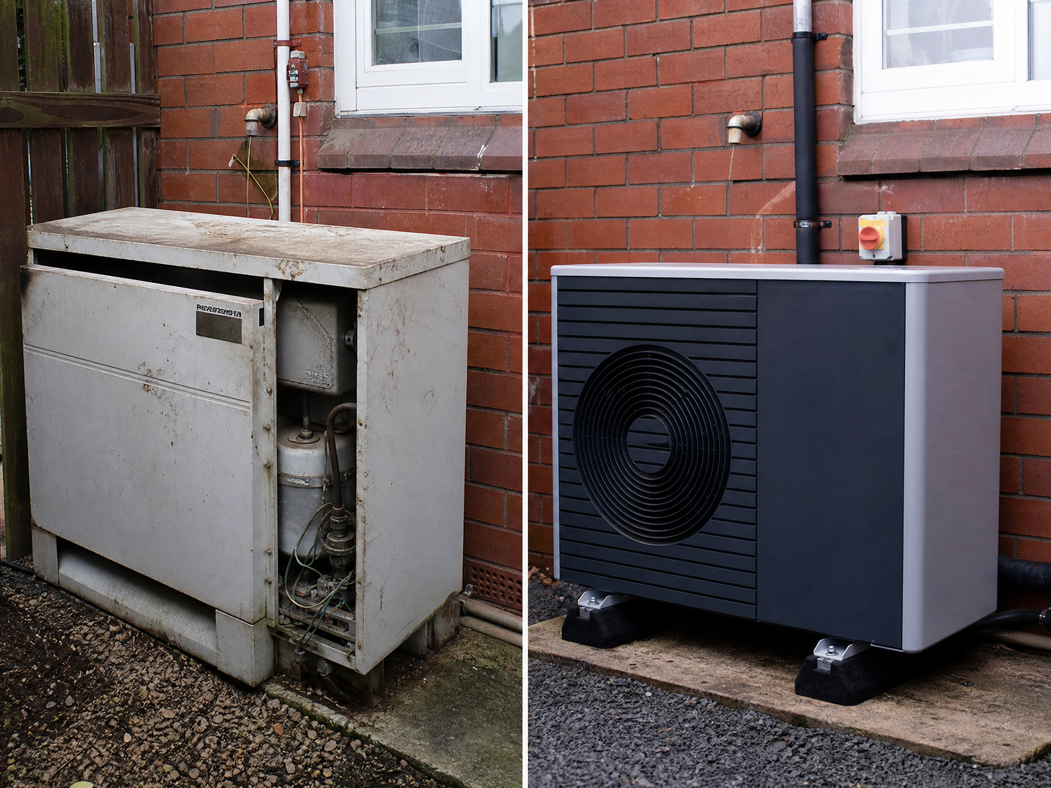 Before and after comparison showing the results of professional air source heat pump installation