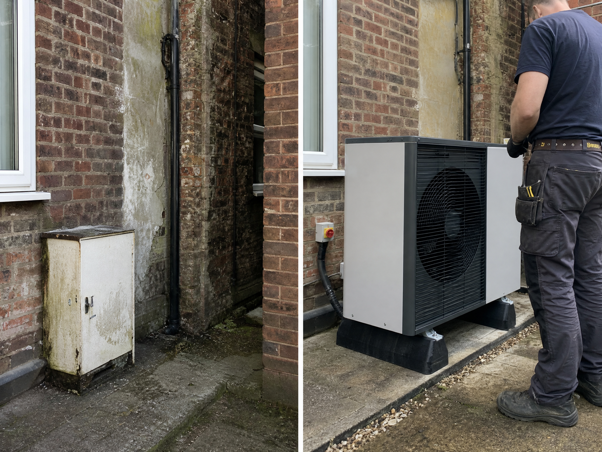 Before and after comparison showing the results of professional air source heat pump installation