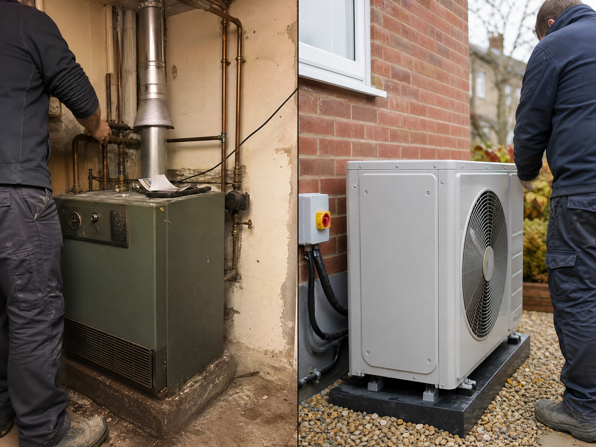 Before and after comparison showing the results of professional heat pump grants through our mcs-certified partner