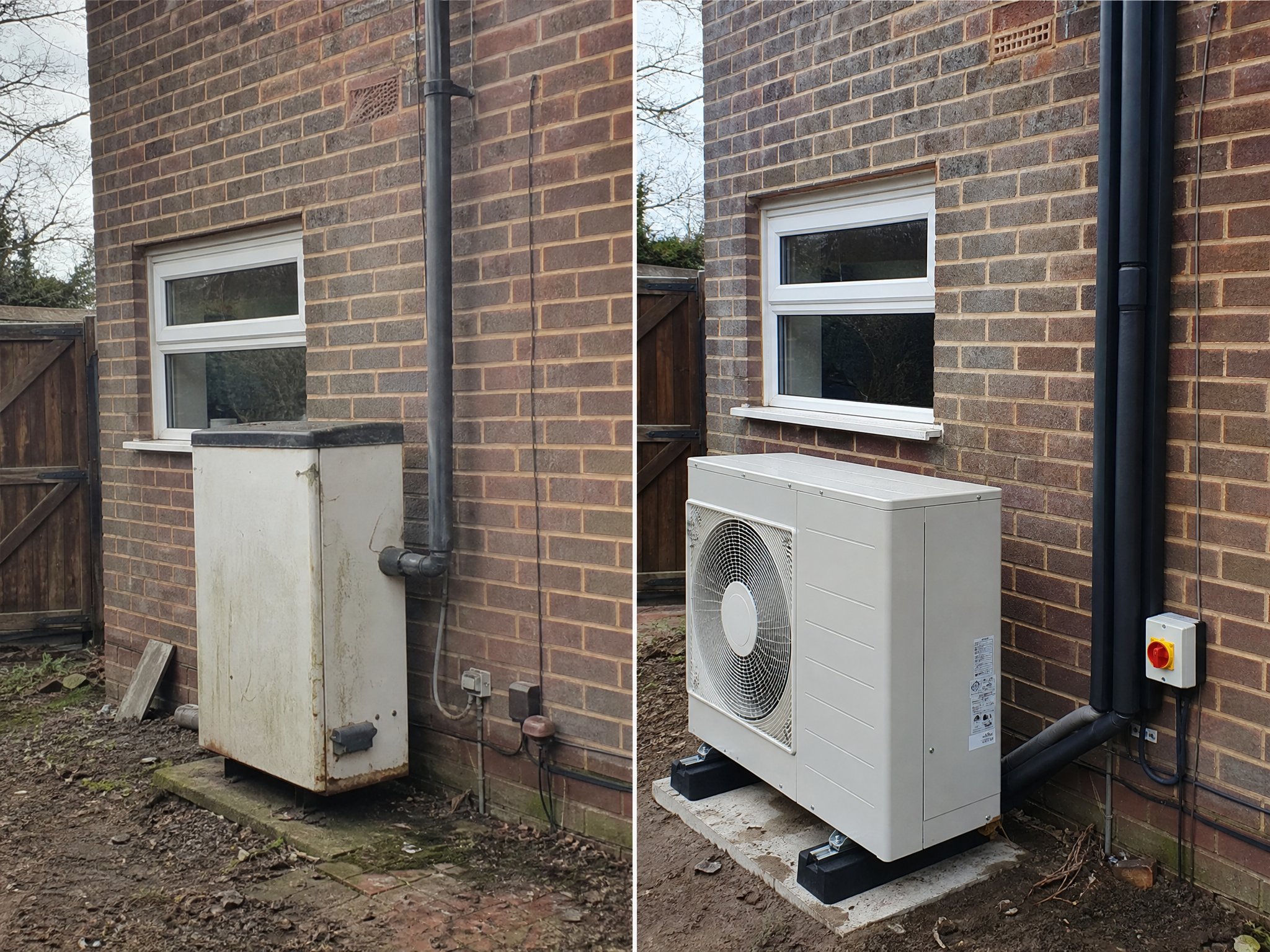 Before and after comparison showing the results of professional air source heat pump installation
