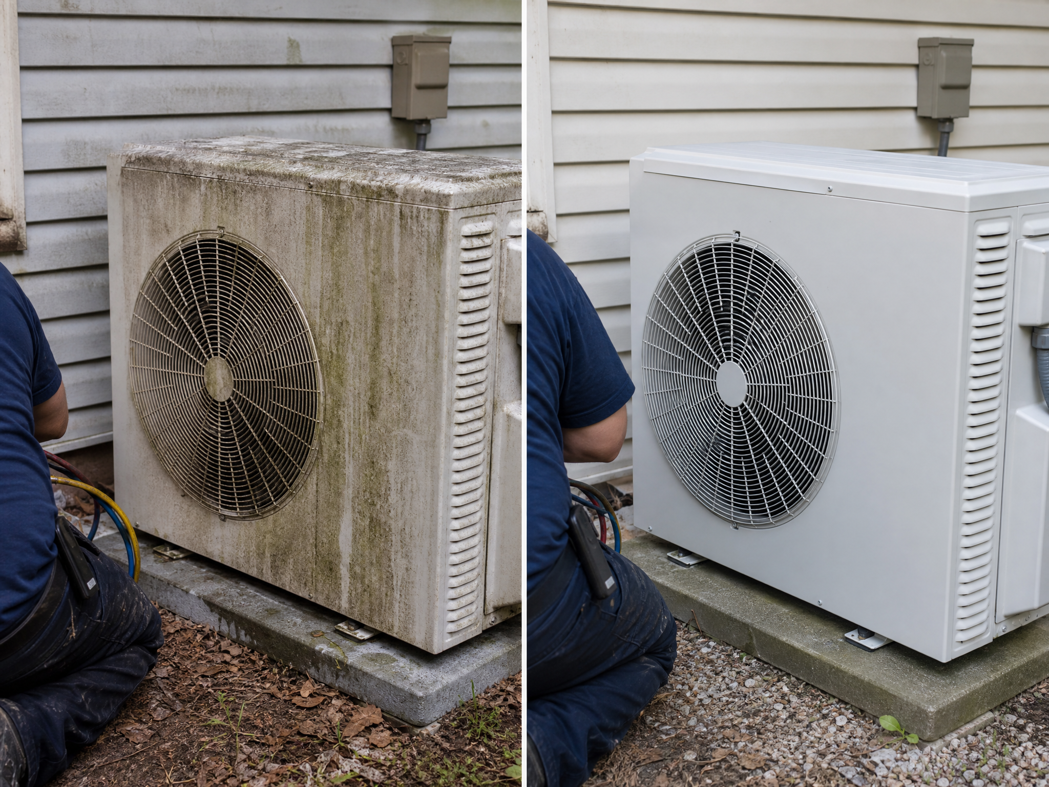 Before and after comparison showing the results of professional heat pump servicing