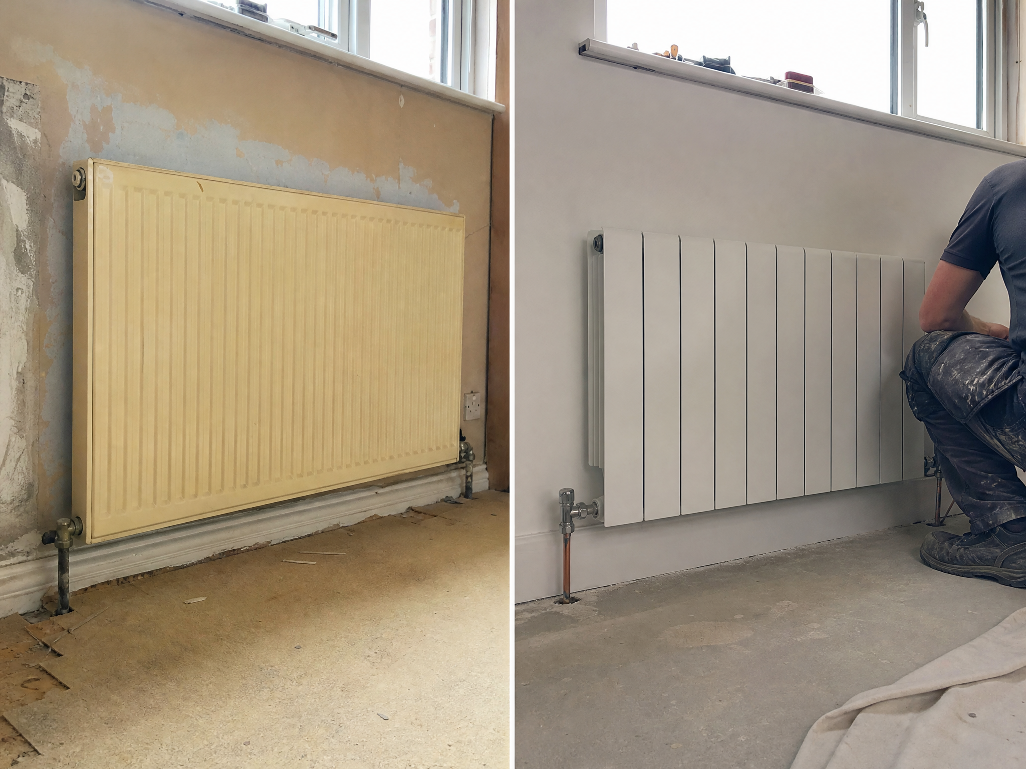 Before and after comparison showing the results of professional radiator upgrades for heat pumps